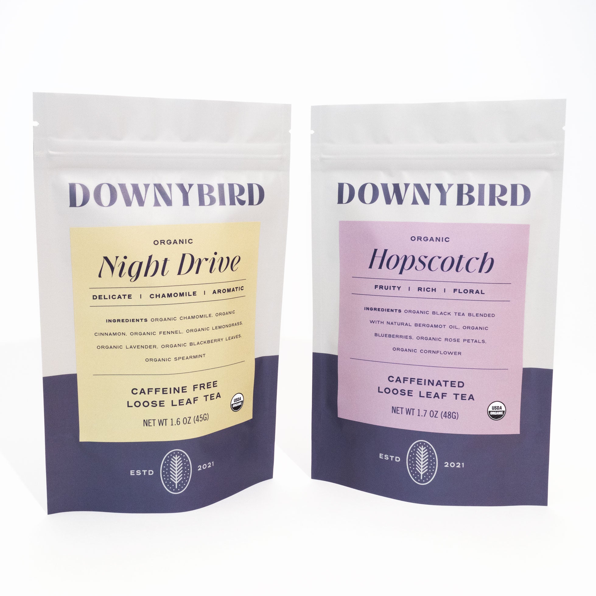 Newbie 2-Piece Bundle of Downybird Organic Loose Leaf Tea Blends including Night Drive Chamomile Tea and Hopscotch Earl Grey Tea