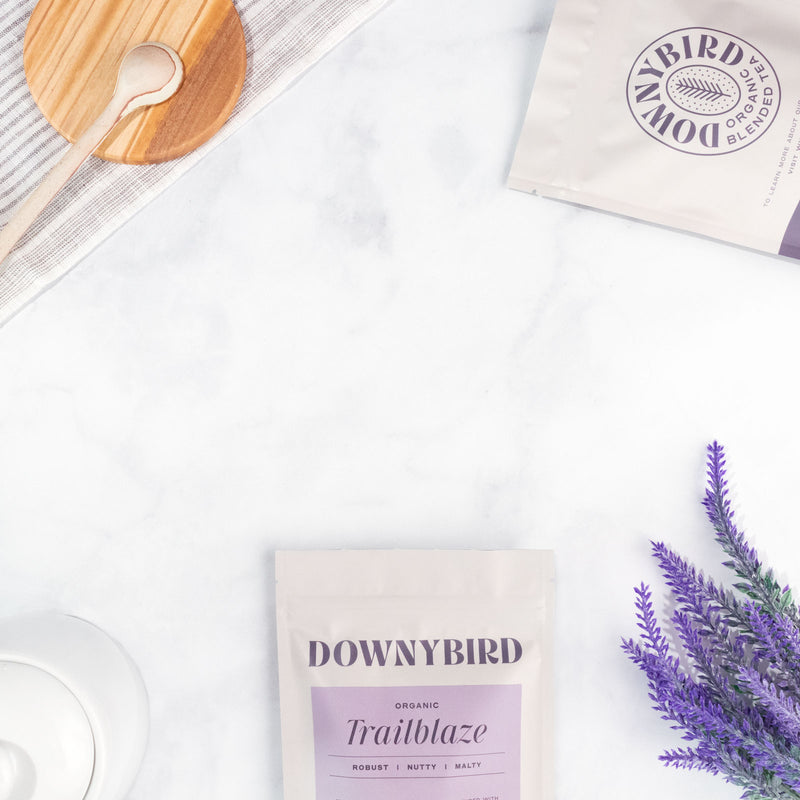Trailblaze Earl Grey Downybird Organic Tea Pouch on Marble Kitchen Countertop with Lavenderr