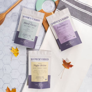 Homebody 3-Piece Collection of Downybird Organic Loose Leaf Tea Blends including Block Party Mint Tea, Trailblaze Earl Grey Tea and Night Drive Chamomile Tea