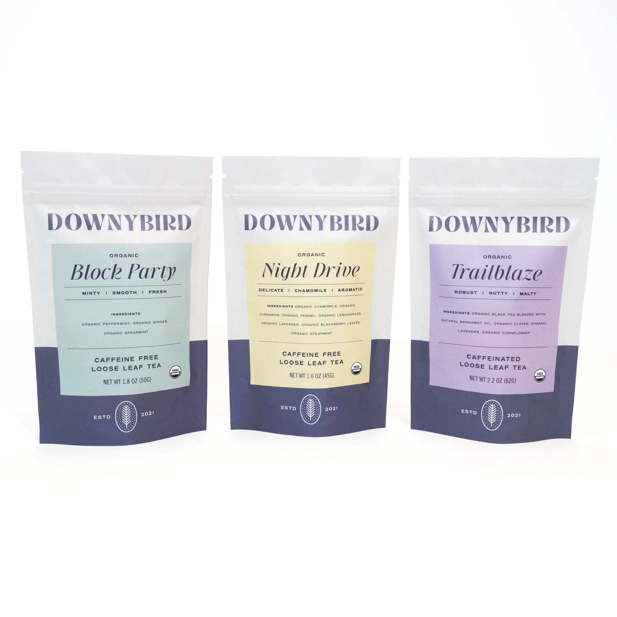 Homebody 3-Piece Collection of Downybird Organic Loose Leaf Tea Blends including Block Party Mint Tea, Trailblaze Earl Grey Tea and Night Drive Chamomile Tea