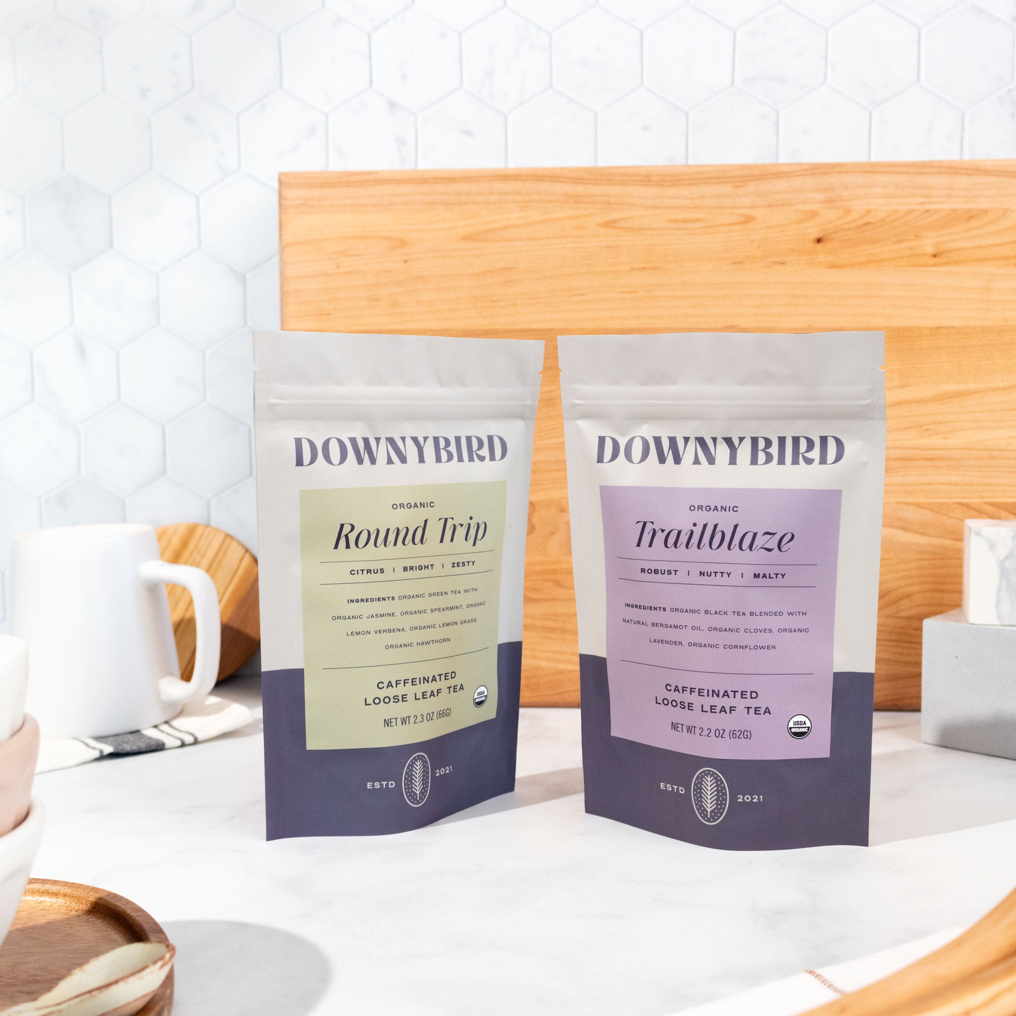 Jetsetter 2-Piece Bundle of Downybird Organic Loose Leaf Tea Blends including Round Trip Green Jasmine Tea and Trailblaze Earl Grey Tea