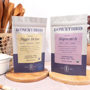 Newbie 2-Piece Bundle of Downybird Organic Loose Leaf Tea Blends including Night Drive Chamomile Tea and Hopscotch Earl Grey Tea in Kitchen