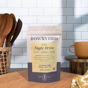 Downybird Night Drive Blend Organic Chamomile Loose Leaf Tea Pouch in Kitchen Counter