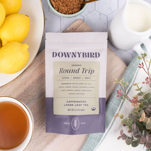 Downybird Round Trip Blend Organic Jasmine Green Tea Loose Leaf Tea Pouch on Table