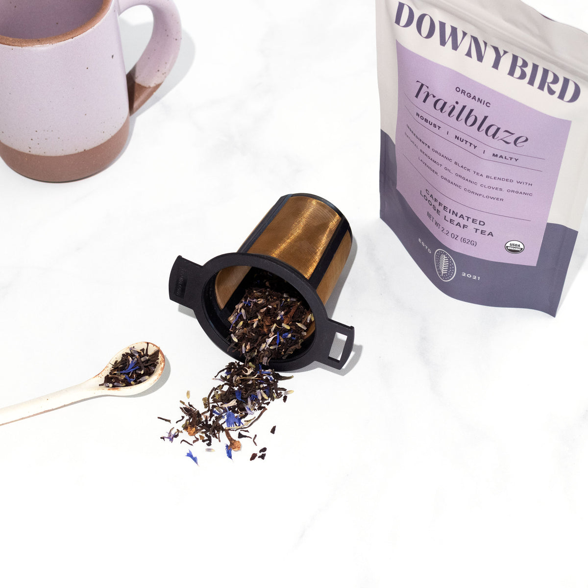 Finum Reusable Tea Brewing Basket with Downybird Trailblaze Organic Earl Grey Loose Leaf Tea