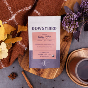 Downybird Twilight Blend Organic Chai Loose Leaf Tea Pouch on Cutting Board